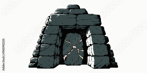 Cartoon image of a stone entrance with a cracked interior
