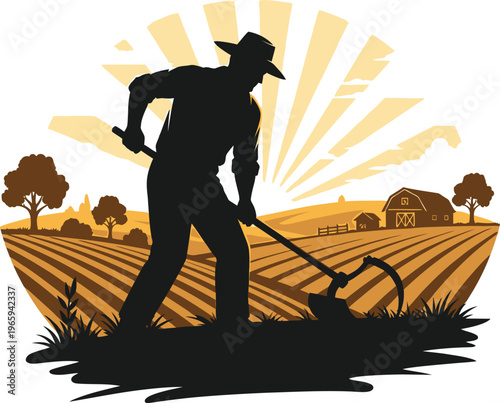 A silhouette of a hardworking farmer cultivating his fertile land during a beautiful golden sunrise Vector