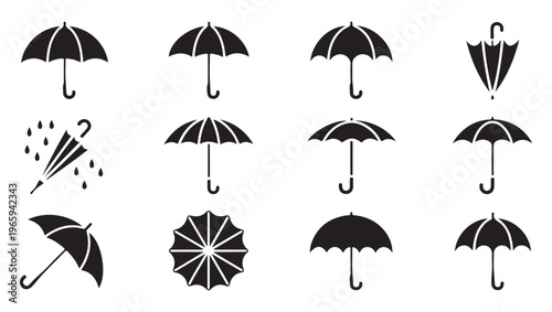Umbrella silhouette icons collection featuring various open and closed styles for rainy weather protection kit
