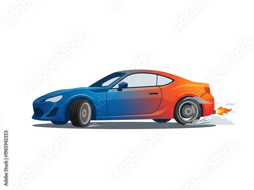 Modern Sports Car Drifting and Performing Burnout with Tire Smoke and Exhaust Flame, Gradient Illustration Vector Isolated on White