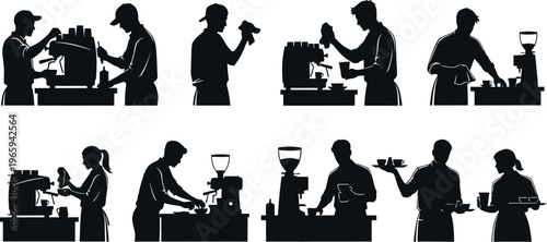 Black silhouette of an espresso machine brewing coffee into cups on a counter