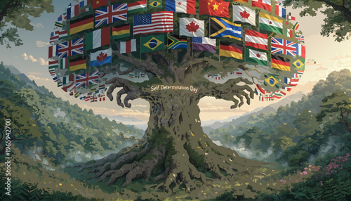 Tree of unity with flags from various countries celebrating Self Determination Day