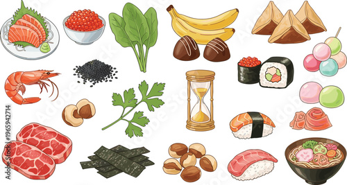 Japanese food ingredients and dishes collection with sushi ramen seafood meat vegetables and snacks in flat vector style, Asian cuisine elements isolated on white background