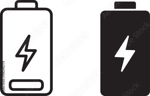 Two battery with lightning bolt symbols showing one outline style and one solid black filled style on a white background