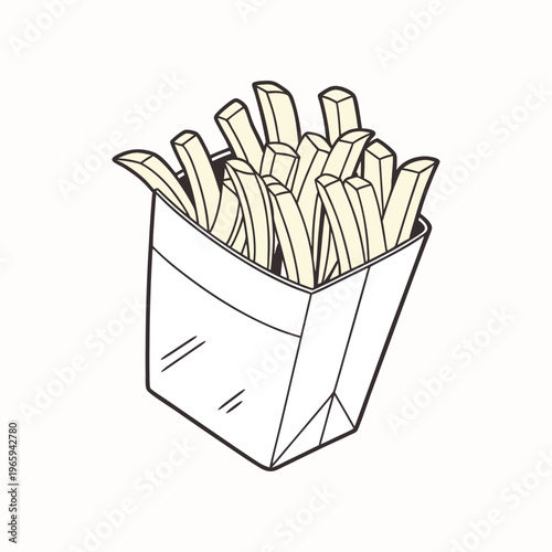 Hand drawn of a paper carton filled with golden fried potato sticks french fries