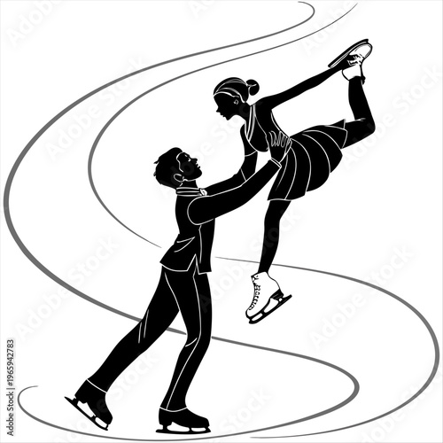 Elegant figure skating pair performing a graceful lift on ice in black and white silhouette style