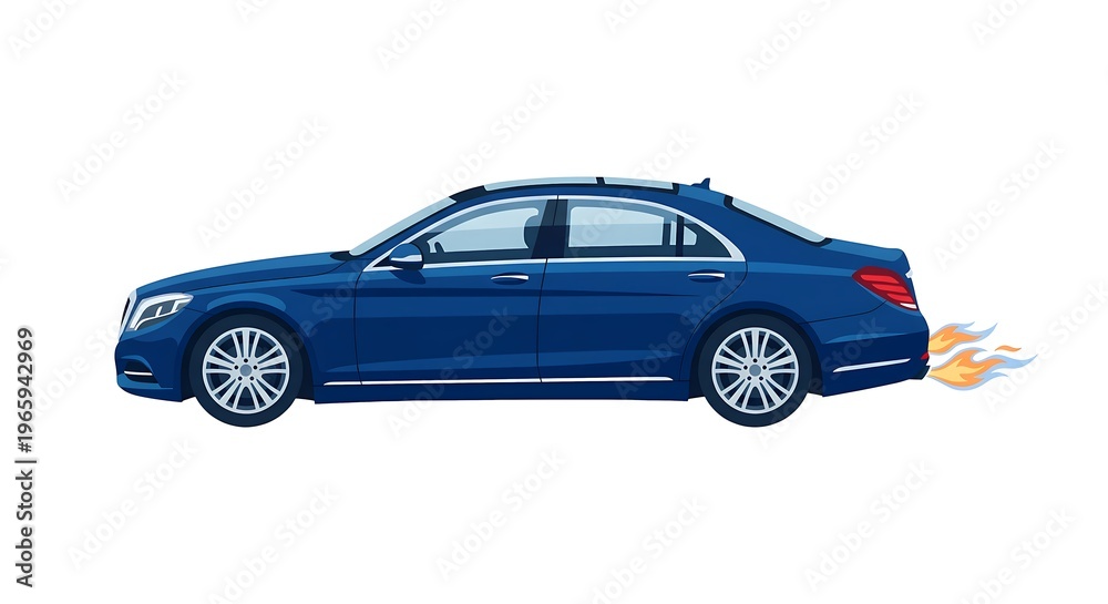Naklejka premium Blue Luxury Sedan Vector Illustration with Fire Exhaust and High Speed Performance Concept Isolated on White