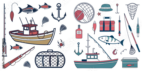 Fishing Tools & Boat Vector Bundle – Fishing Equipment, Marine Vessel & Nautical Icons Set