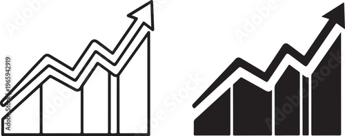 Two black and white bar charts with upward trending arrows showing financial growth and positive business performance trends