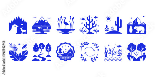Blue eco friendly icons depicting various natural environments and wildlife