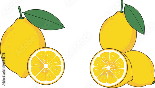 Fresh lemon collection with whole and sliced citrus fruits in flat vector style, bright yellow organic fruit illustration isolated on white background