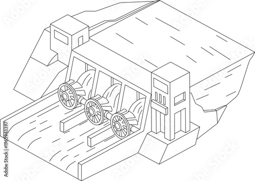 Technology dam line drawing of a hydroelectric dam with turbines for modern energy solutions, suitable for renewable energy concepts.