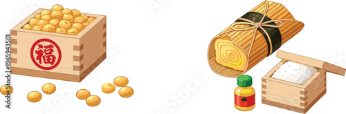 Japanese traditional food set with soybeans sushi roll rice box and seasoning in flat vector style, Asian cuisine elements isolated on white background