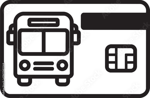Credit card with transit bus symbol representing cashless public transportation fare payment outline vector icon concept