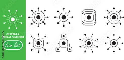 Chatbot and Virtual Assistant Icon Set: AI Support, Customer Service Automation, and Smart Messaging Interface Symbols