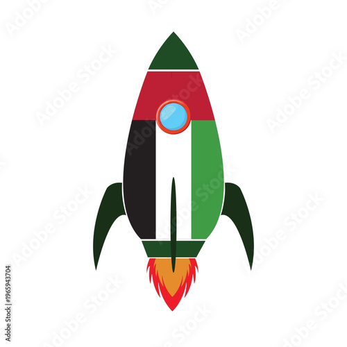 The Uni Emirates Arab Flag Icon is in the shape of a Rocket launching with Fast Movement and Modern Startup Symbolism for Business Growth and Innovation Projects