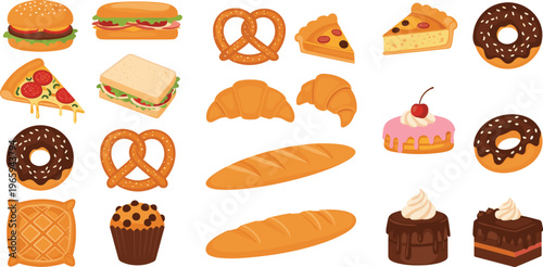 Mixed food and bakery collection including burgers pizza donuts croissants bread and cakes in flat vector style, snack and fast food icons isolated on white