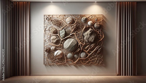 Exquisite Textured Wall Art with Natural Elements and Dramatic Lighting.