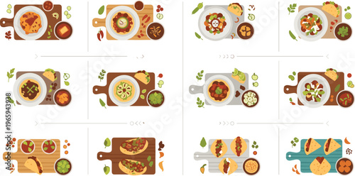 Delicious Mexican Food Vector Collection with Tacos, Burritos, Nachos, and Sauces on Wooden Cutting Boards, Ideal for Food-Related Designs, Menus, and Restaurant Marketing