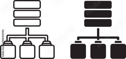 Two black and white database server showing a hierarchical structure with a main server unit connected to three smaller storage nodes