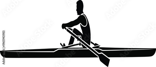 A black silhouette of a single sculler rowing a sleek racing shell boat on a clear white background Vector