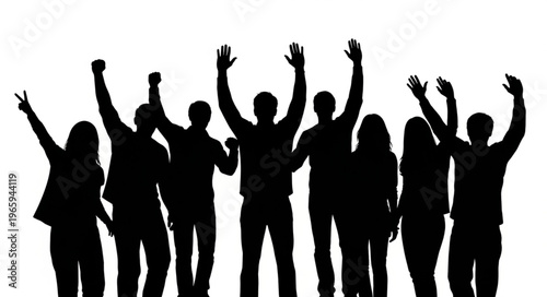 Silhouetted Group Of People Cheering Together In Unison.