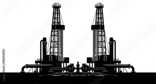 Silhouette of Oil Rigs - Industrial Energy Production and Resource Extraction.
