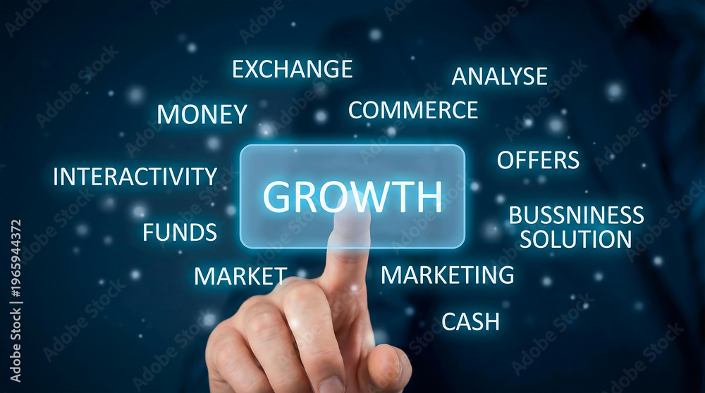 Obraz premium Business growth concept touching digital button with financial marketing icons for web banner