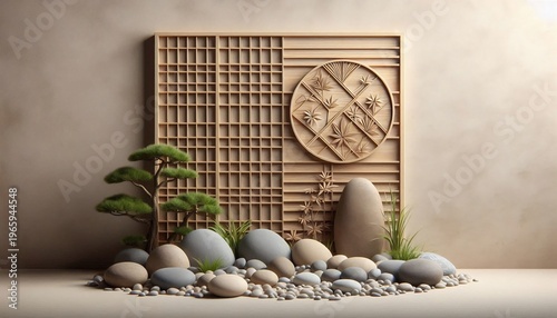 Zen Garden Miniature Landscape with Bonsai Tree and Stones.