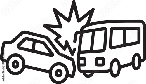 Traffic collision accident between public transit bus and car representing road danger concept outline vector icon