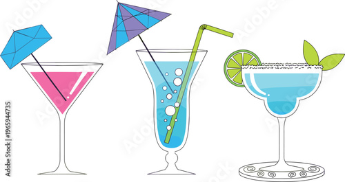 Set of Cocktail and Drink Icons with Umbrellas, Straws, and Garnishes in Minimalist Style