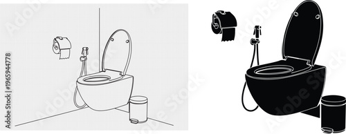 Hand drawn vector illustration of two different toilet designs with plumbing pipes and cleaning brush isolated