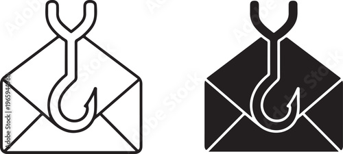 Two black and white of a fishing hook catching an envelope representing email phishing and cyber security threats 1
