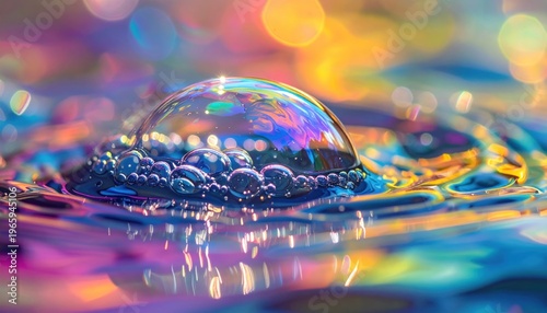 Macro shot of a colorful soap bubble with iridescent reflections.