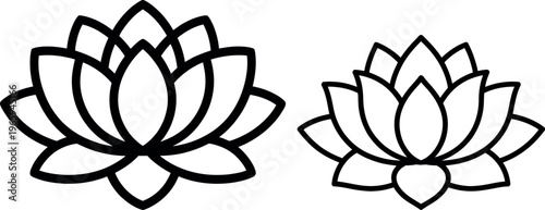 Two stylized lotus flowers depicted in a minimalist black and white line drawing