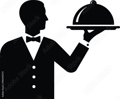 A black and white silhouette icon of a professional waiter holding a silver platter with a cloche Vector
