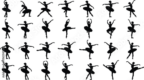 Ballet dancer silhouettes collection graceful ballerina poses classical dance movement black vector illustration elegant performance isolated set on white background