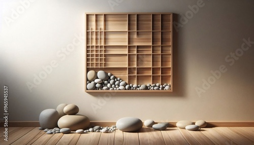 Zen Garden Inspired Wall Art with Natural Stones and Wood.