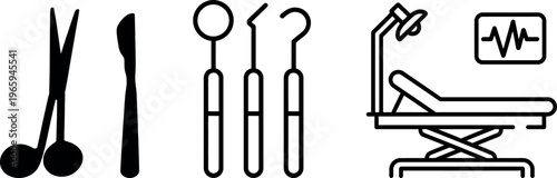 Basic medical and dental examination tools and equipment illustration