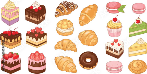 Assorted bakery desserts collection with cakes croissants donuts cupcakes and macarons in flat vector style, sweet pastry icons isolated on white background for menu design