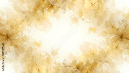 Flowers in shades of beige, white, and yellow fill the background. Soft layers create an abstract layout that draws attention to the center area of the design Generative AI