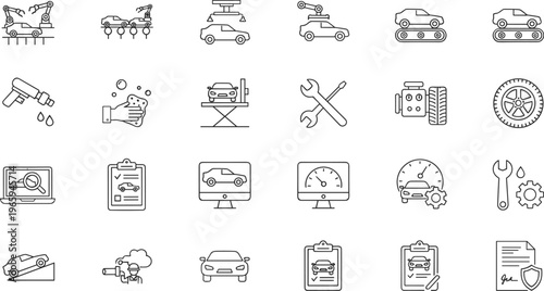 Automotive service icons set, car repair maintenance tools, vehicle inspection diagnostics, mechanic workshop line symbols, transportation industry vector collection design