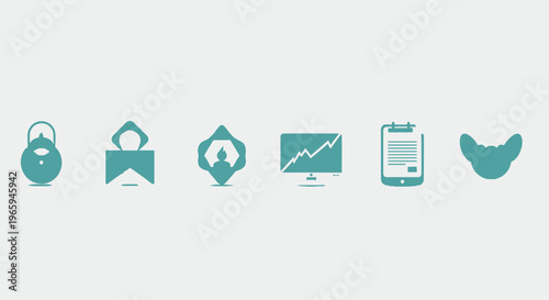 Abstract teal icons kettle envelope locator monitor clipboard and butterfly