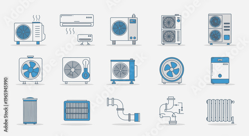 Air conditioning unit and parts vector illustration set for design elements