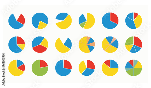 Colorful pie chart icon set with segmented circle diagrams in flat infographic style