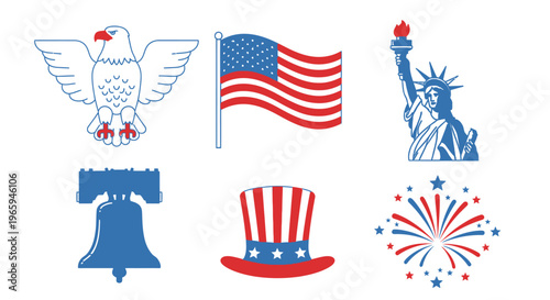 American symbols patriotic icons eagle flag statue of liberty bell hat fireworks