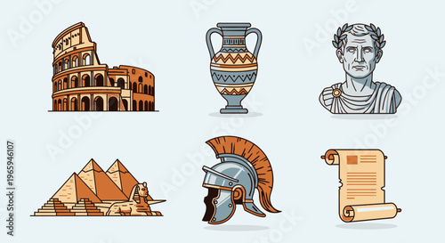 Ancient civilization vector illustrations of iconic structures and artifacts