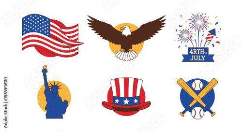 American independence day symbols flags eagle fireworks baseball