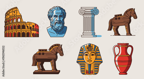 Ancient landmarks and artifacts vector illustrations for historical themes