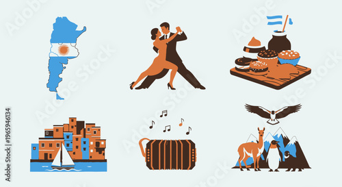 Argentina cultural icons tango dancers map food architecture and wildlife
